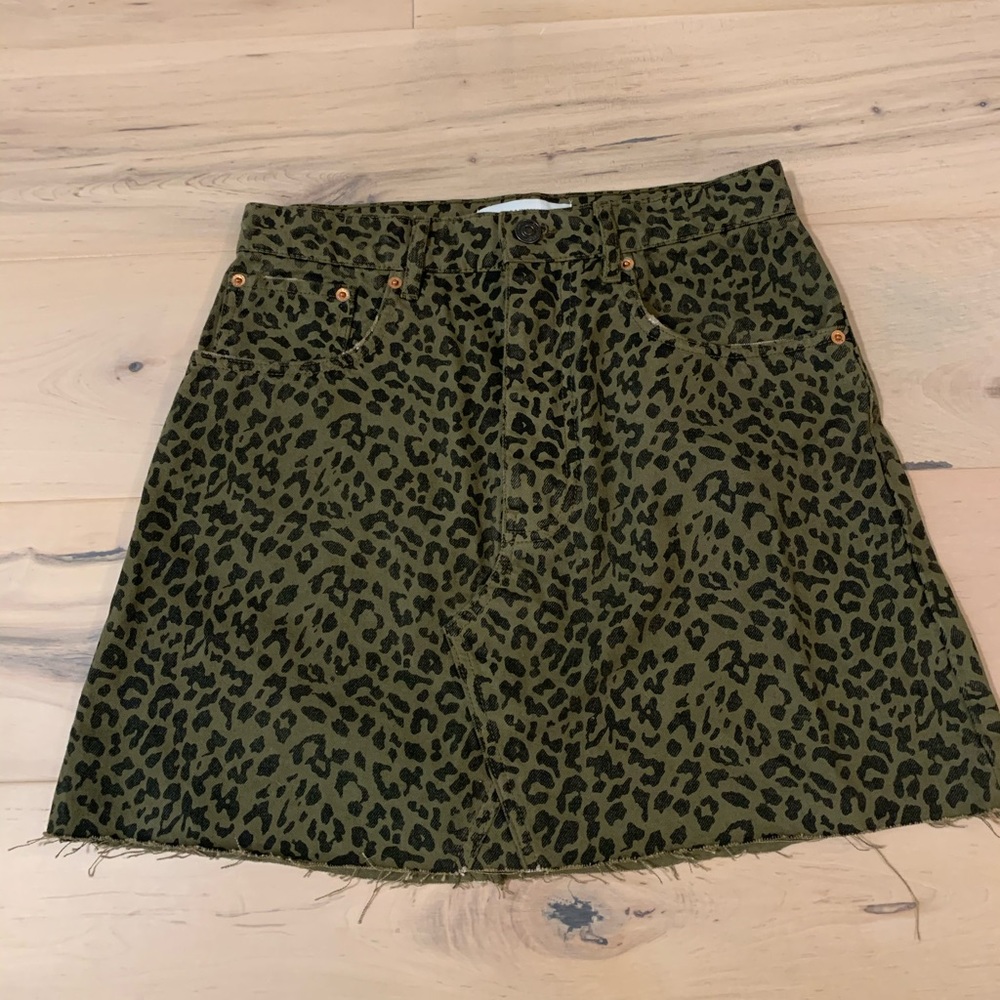 High Waist Zara Green Leopard Denim Skirt